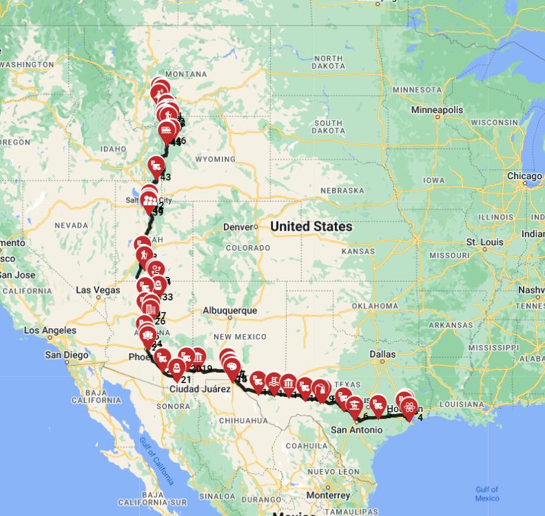 Map for Houston to Bozeman - Inclding Yellowstone
